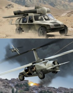 DARPA надеется, что летающий бронеавтомобиль будет стоить около $1 миллиона. Для сравнения: цена обычного Humvee – примерно $400 тысяч, лёгкого вертолёта – $4 млн/ Заметим, что в британской армии «летающий джип» служил в 1940-х годах, а у военных США эксперименты с «flying jeeps» пришлись на 1950-1960-е (иллюстрации AAI Corporation).