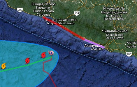 Ураган Рэймонд подходит к берегу Мексики. Снимок с Google Maps / RSOE EDIS